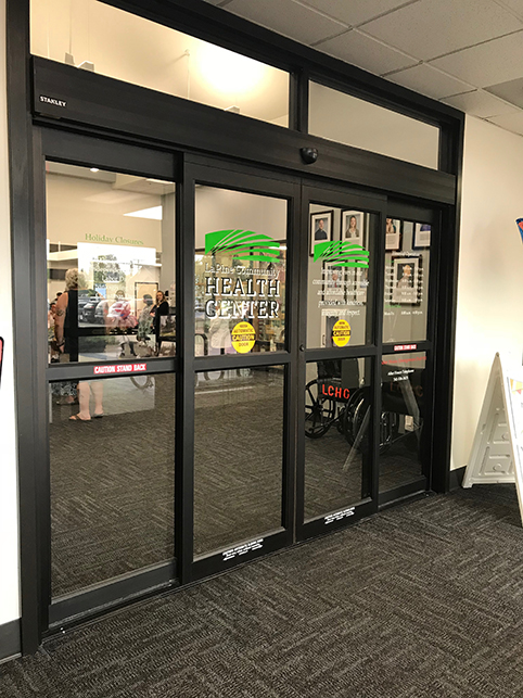 The large, automatic doors and the entrance